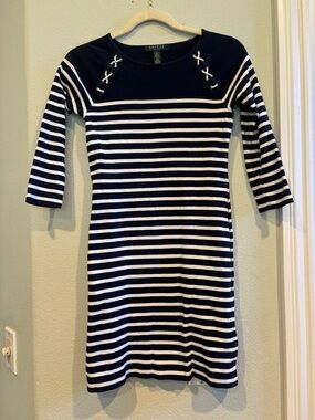 Ralph Lauren Navy & White Striped Long Sleeve Knit Dress